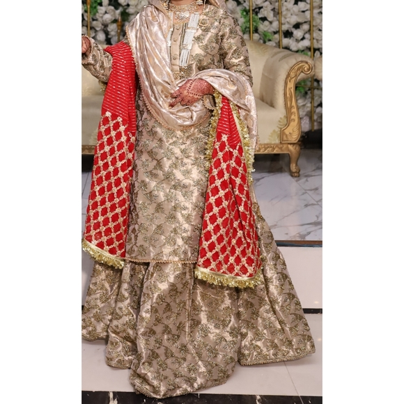 Pakistani Indian Women's Bridal Formal Farshi Ghagra - 3-Piece, Beige/Gold - Picture 1 of 15